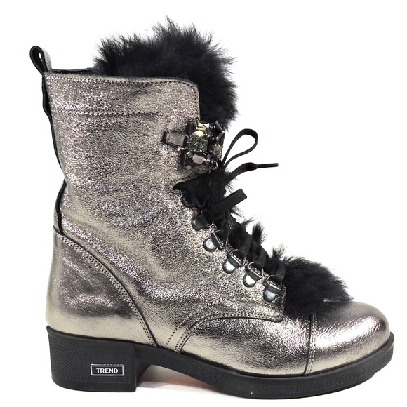 ALESSANDRO DI MARIA 🇮🇹 WOMEN SOFT SILVER LEATHER WINTER FUR BOOTIE - Picture 4 of 8